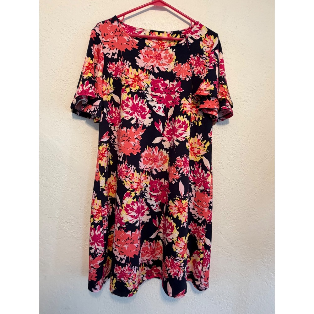 Kim Rogers Petite Floral Flutter Sleeve Shift Dress Navy Pink Yellow PL